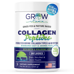 Collagen peptides supplement container with branding and product details on a white background