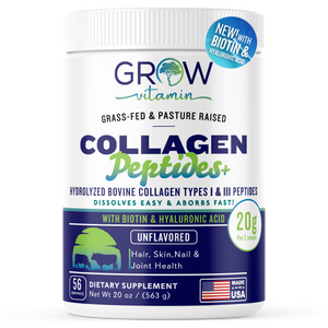 Collagen peptides supplement container with branding and product details on a white background