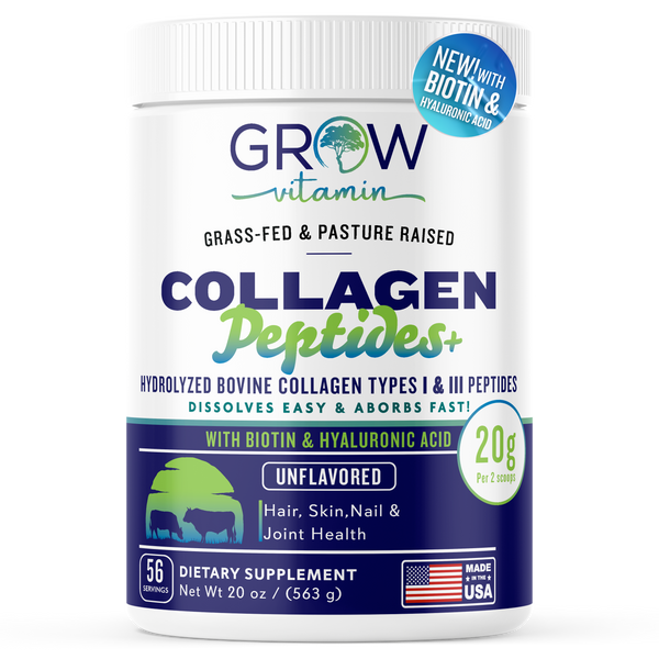 Collagen peptides supplement container with branding and product details on a white background