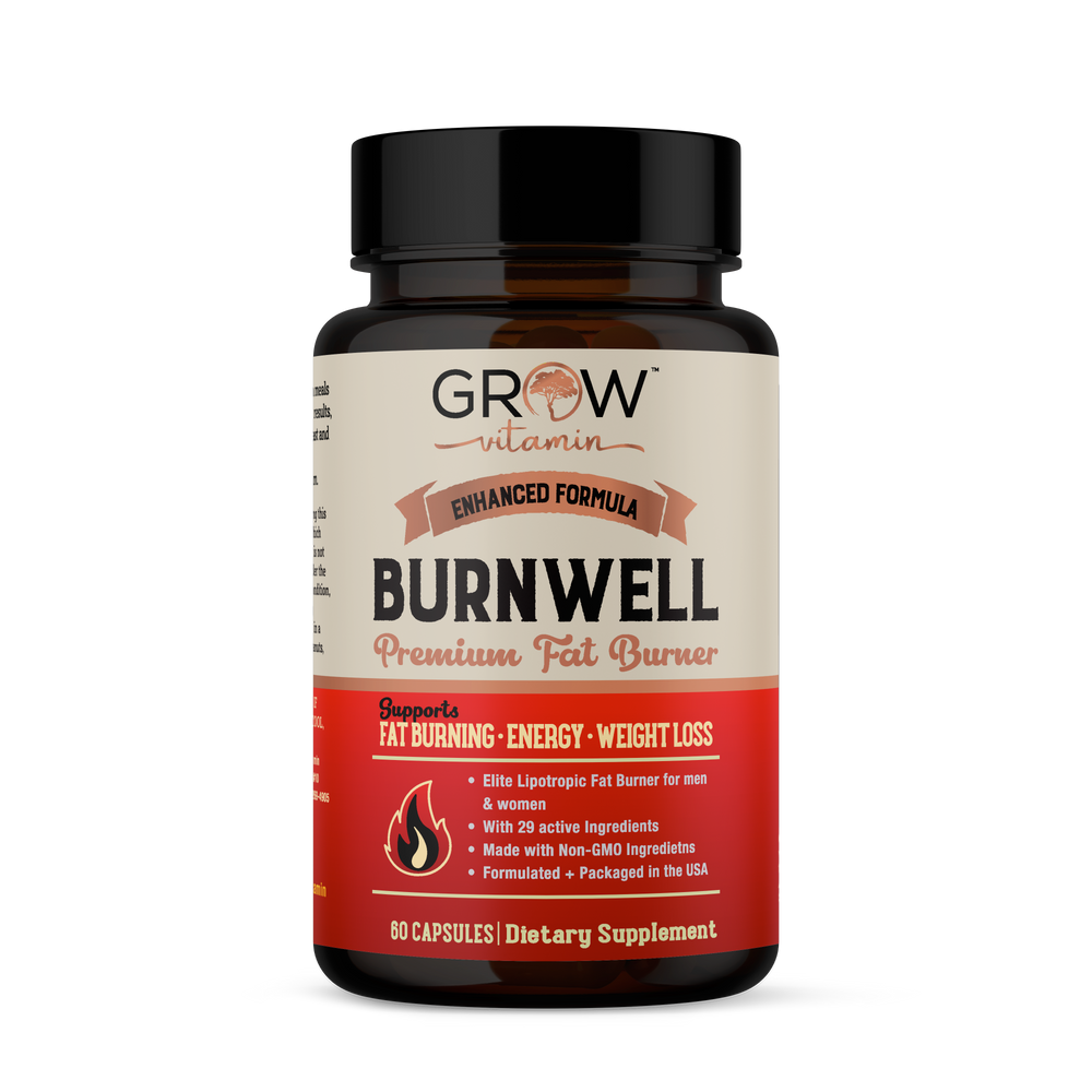 A bottle of BURNWELL fat burner and weight loss supplement, which appears to be orange and white in color with a label that includes product information.