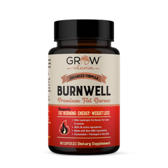 A bottle of BURNWELL fat burner and weight loss supplement, which appears to be orange and white in color with a label that includes product information.