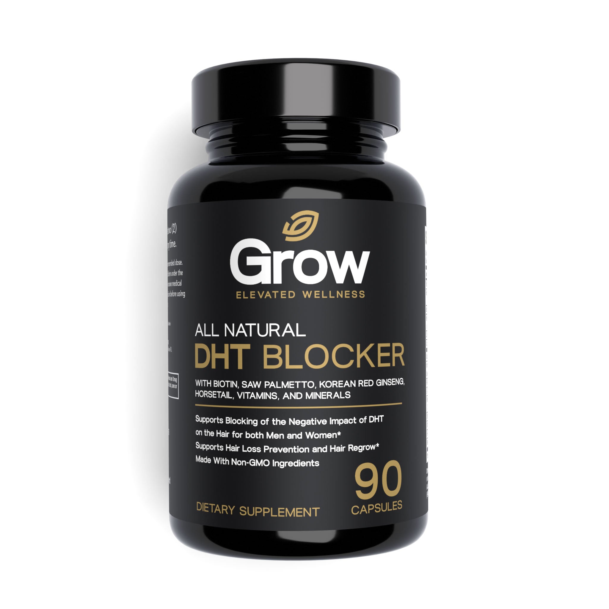 Black supplement bottle labeled 'Grow All Natural DHT Blocker' on a white background