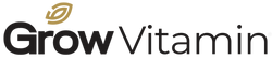 Logo of Grow Vitamin with a leaf symbol above the text on a white background