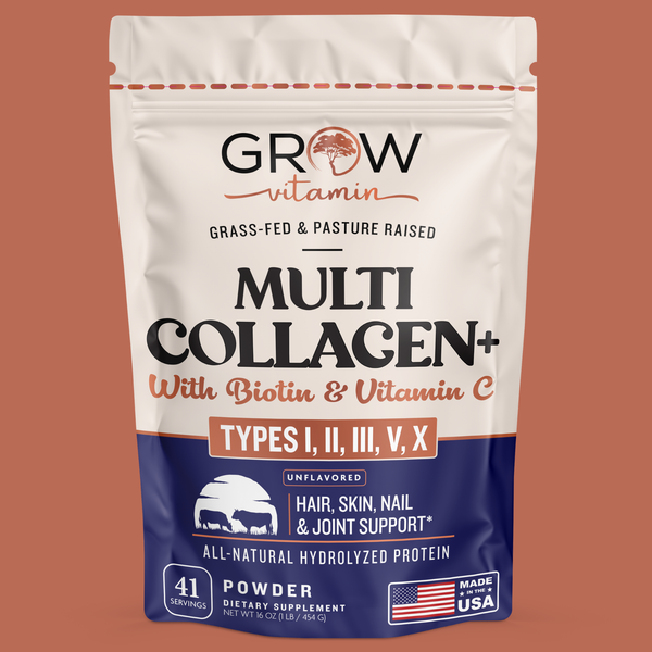 Package of Grow Multi Collagen+ supplement on a brown background