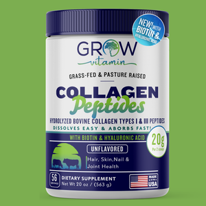 Container of Grow Vitamin collagen peptides on a green background