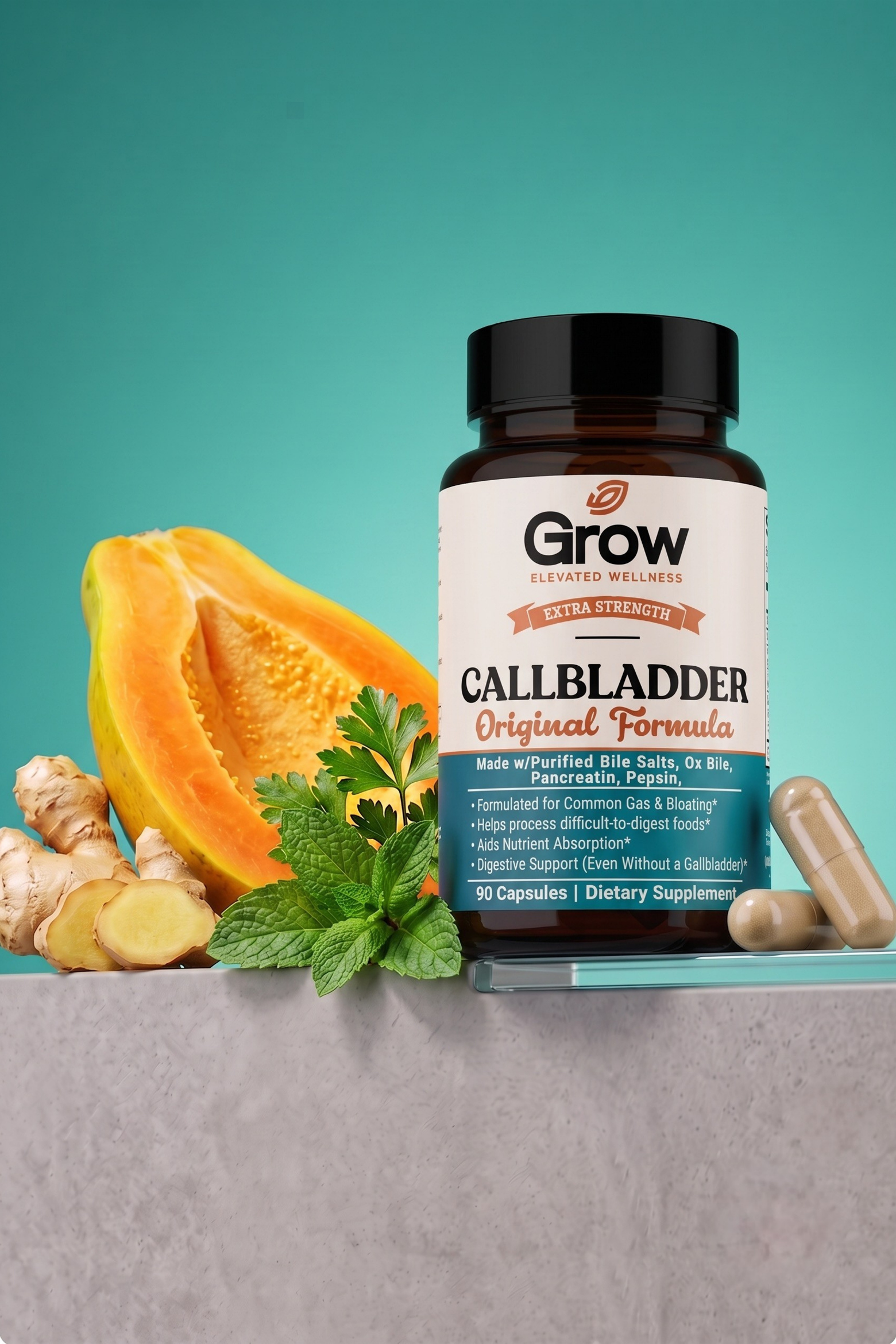 A bottle of Grow Health Callbladder Original Formula dietary supplement capsules, styled with fresh ginger, mint, and a sliced orange pumpkin on a gray surface against a teal background.