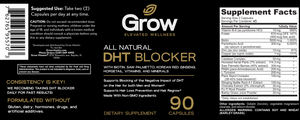 Supplement label for 'Grow All Natural DHT Blocker' with branding and supplement facts.