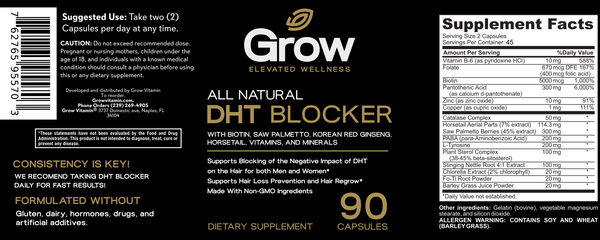 Supplement label for 'Grow All Natural DHT Blocker' with branding and supplement facts.