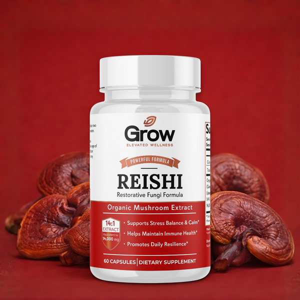 Supplement bottle labeled 'Grow' with Reishi mushrooms on a red background