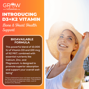 Grow Vitamin D3+K2 Supplement for Bone & Heart Health - 10,000 IU D3, 100 mcg K2 MK7, Calcium, Zinc, Magnesium - 60 Capsules