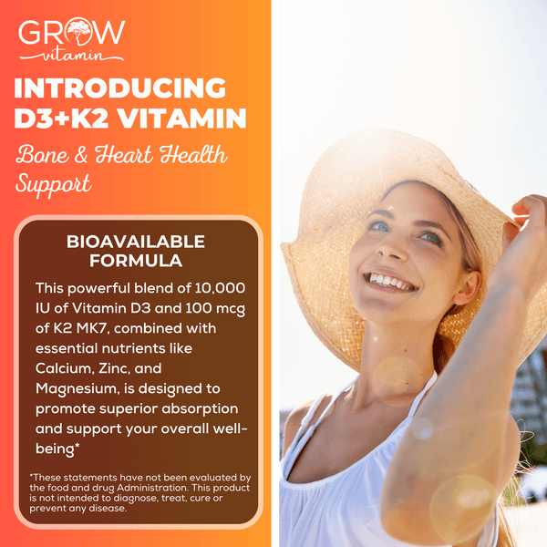 Grow Vitamin D3+K2 Supplement for Bone & Heart Health - 10,000 IU D3, 100 mcg K2 MK7, Calcium, Zinc, Magnesium - 60 Capsules