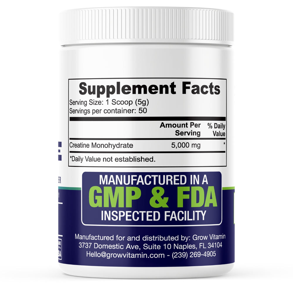 Supplement container labeled 'Grow Vitamin' with creatine monohydrate powder on a white background