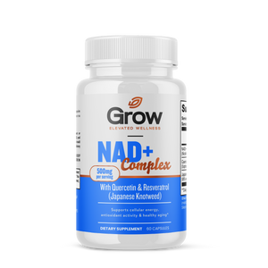 Supplement bottle labeled 'Grow NAD+ Complex' on a white background