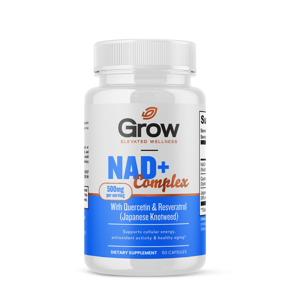 Supplement bottle labeled 'Grow NAD+ Complex' on a white background