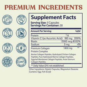 Supplement facts label with various dietary free icons on a beige background