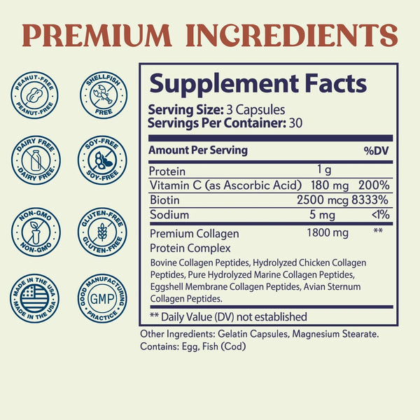 Supplement facts label with various dietary free icons on a beige background