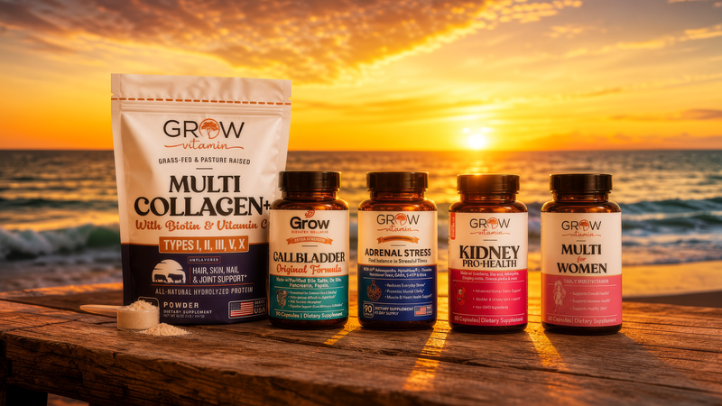 A group of GROW brand supplements arranged on a wooden dock at sunset over the ocean: a large white Multi Collagen powder bag, three amber supplement bottles labeled Callbladder, Adrenal Stress, and Kidney Health, and one pink bottle labeled Multi Women.