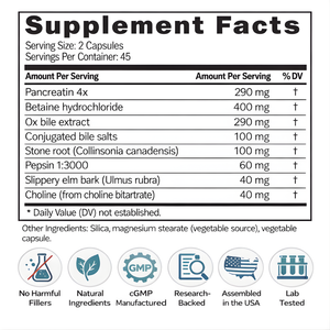 Supplement facts label with detailed ingredient list and certification icons on a white background