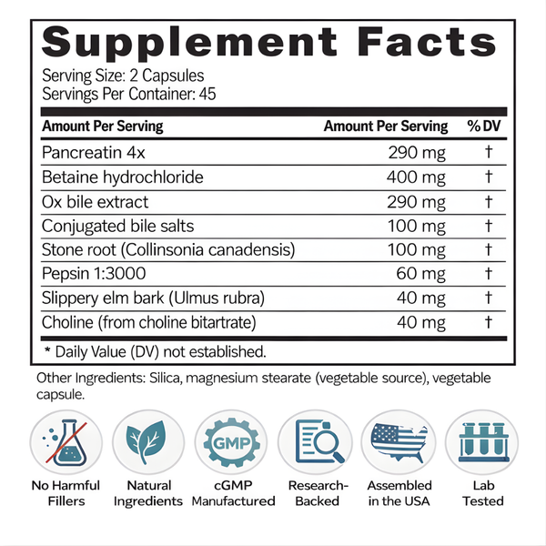 Supplement facts label with detailed ingredient list and certification icons on a white background