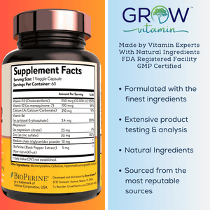 Grow Vitamin D3 K2 w/MCT Oil supplement bottle with supplement facts, showing natural ingredients and highlighting product benefits.