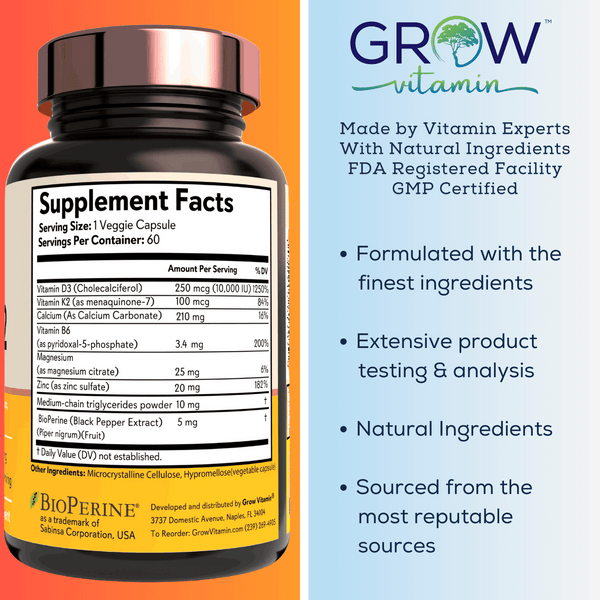 Grow Vitamin D3 K2 w/MCT Oil supplement bottle with supplement facts, showing natural ingredients and highlighting product benefits.