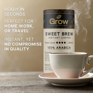 Grow Sweet Brew instant coffee canister with a steaming cup on a wooden surface.