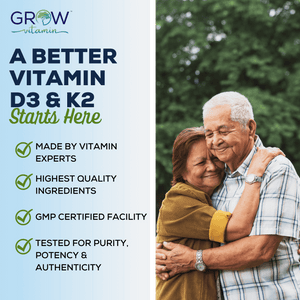 Elderly couple hugging beside Grow Vitamin banner promoting Vitamin D3 & K2 with benefits: expert-made, high quality, GMP certified, purity tested.