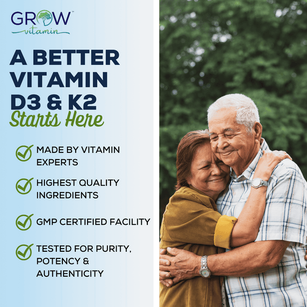 Elderly couple hugging beside Grow Vitamin banner promoting Vitamin D3 & K2 with benefits: expert-made, high quality, GMP certified, purity tested.