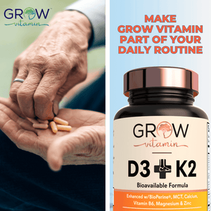 Grow Vitamin D3 K2 w/MCT Oil Supplement - 10,000 IU D3, 100 mcg K2 MK7, Calcium, Zinc, Magnesium, BioPerine - 60 Capsules