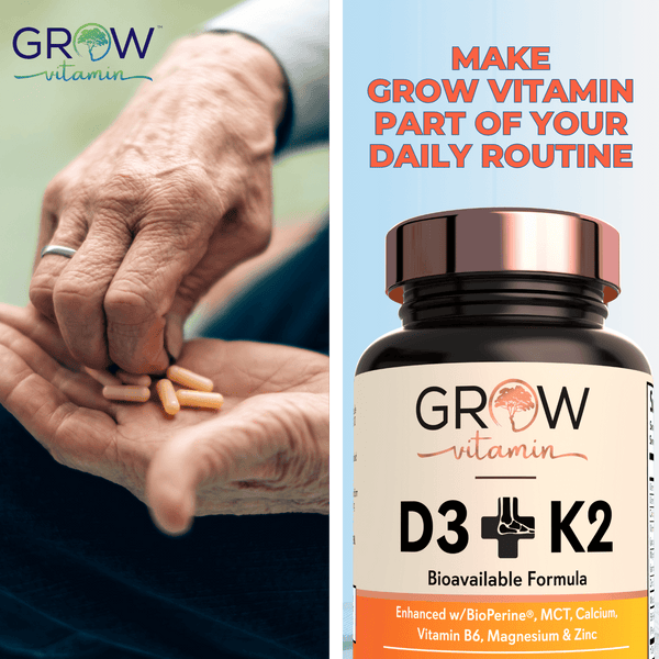 Grow Vitamin D3 K2 w/MCT Oil Supplement - 10,000 IU D3, 100 mcg K2 MK7, Calcium, Zinc, Magnesium, BioPerine - 60 Capsules