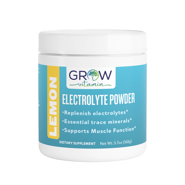 Grow Vitamin electrolyte powder container with lemon flavor on a white background