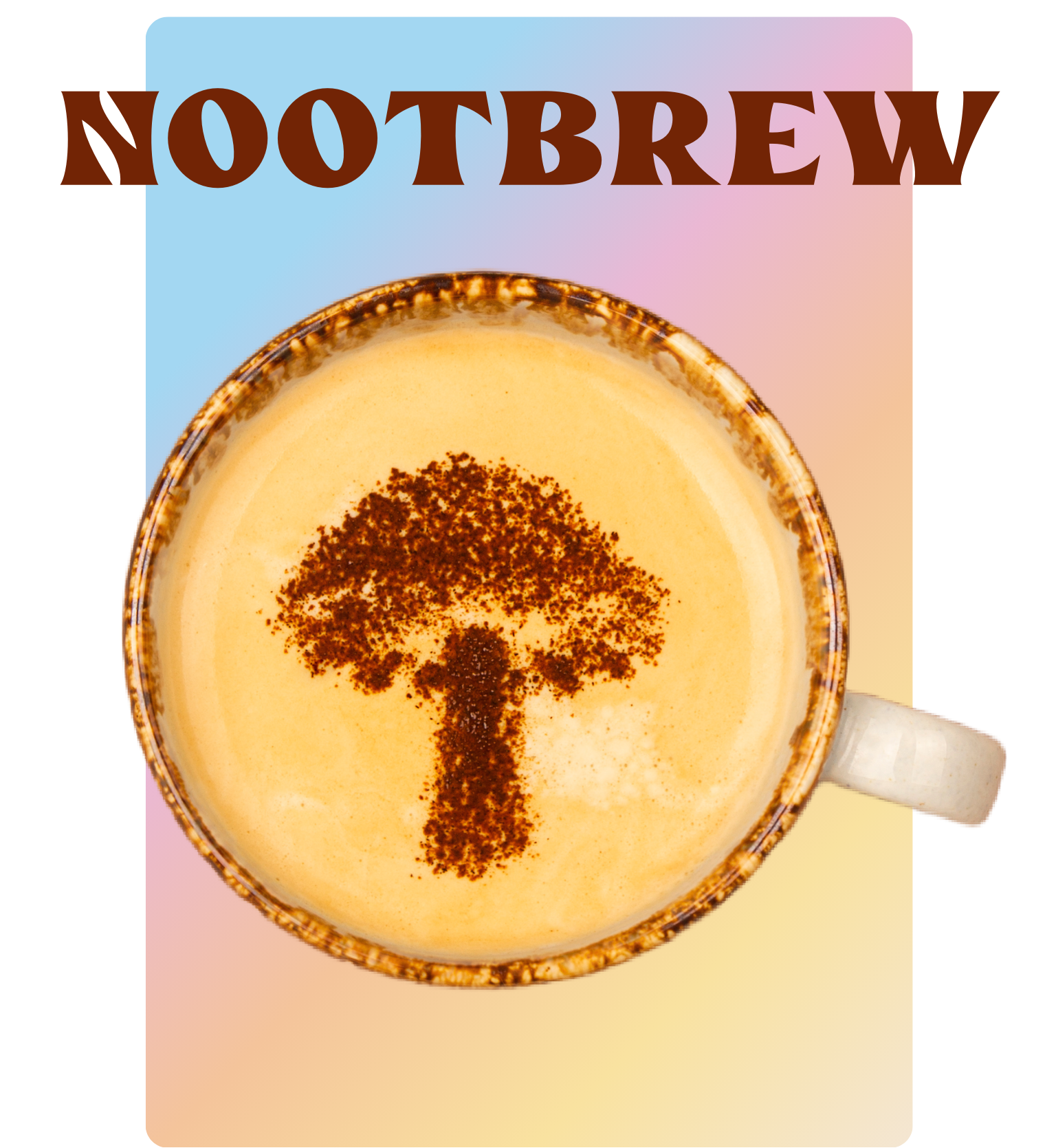Cup of coffee with latte art on a gradient background with 'NOOTBREW' text.