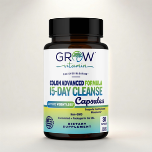 Supplement bottle labeled 'Grow Vitamin' on a light gray background