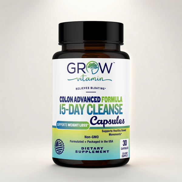 Supplement bottle labeled 'Grow Vitamin' on a light gray background