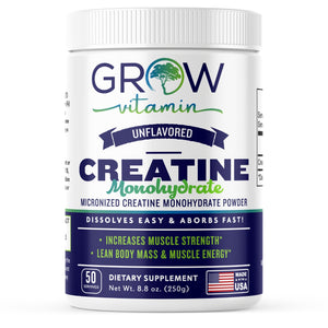 Supplement container labeled 'Grow Vitamin' with creatine monohydrate powder on a white background