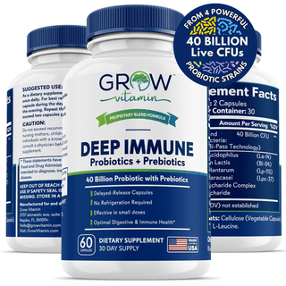 DEEP IMMUNE Probiotics + Prebiotics, 40 Billion CFU, Supports Healthy Gut, Non-GMO, Patented strains, Dairy Free, Delayed Release Veggie caps, No Refrigeration Required - 60 Capsules - (2 Daily)