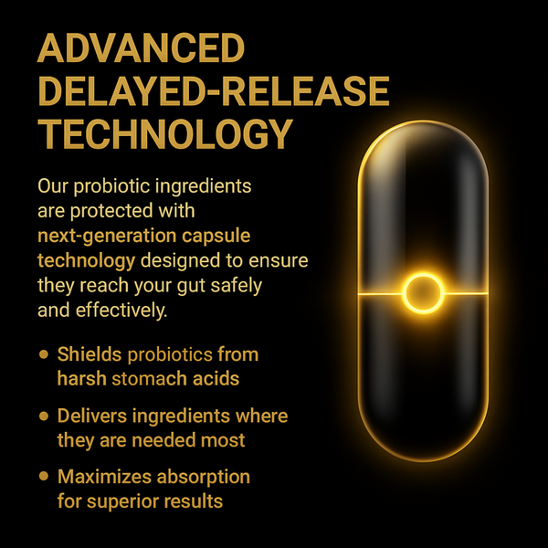 Probiotic capsule with glowing outline on a black background, featuring text about advanced delayed-release technology.