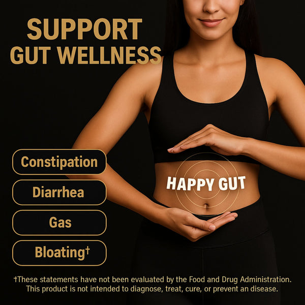 Woman with hands on stomach with 'Happy Gut' text, surrounded by health benefits on a dark background