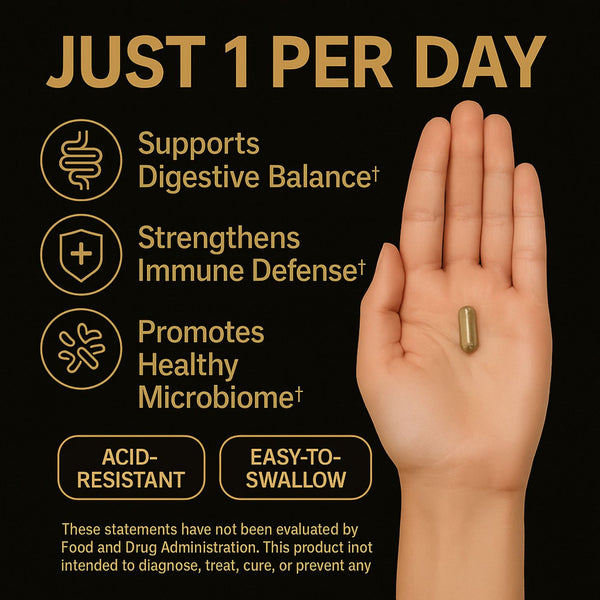 Hand holding a supplement capsule with product benefits on a black background