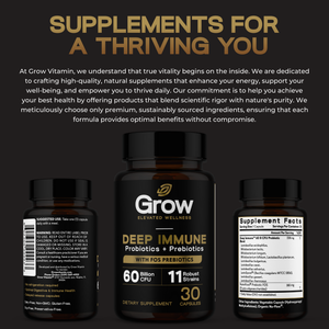 Supplement bottles with 'Grow' branding on a dark background