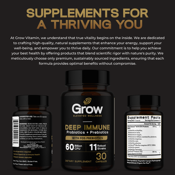 Supplement bottles with 'Grow' branding on a dark background