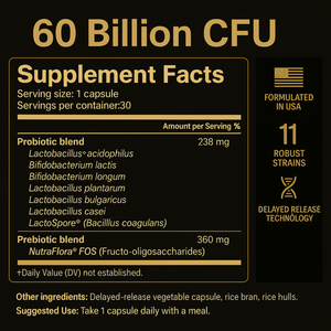 Supplement facts label for a probiotic product with gold text on a black background