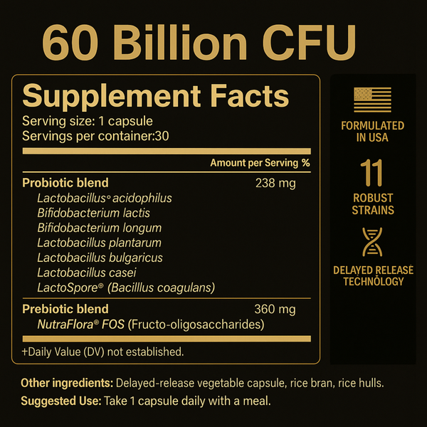 Supplement facts label for a probiotic product with gold text on a black background