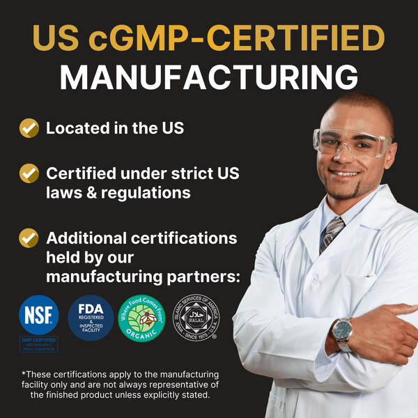 Man in a white lab coat with text about US cGMP-certified manufacturing on a black background