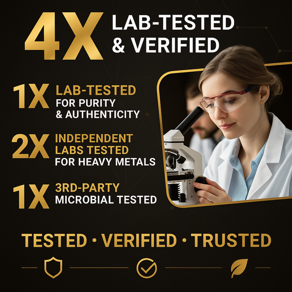 Advertisement highlighting lab-tested and verified products with a scientist using a microscope.