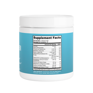 Supplement container with blue label and white lid on a white background