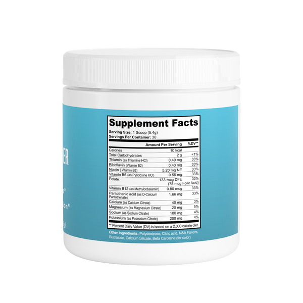 Supplement container with blue label and white lid on a white background