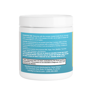 White supplement container with blue label on a white background