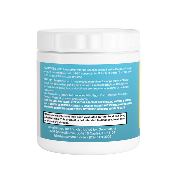 White supplement container with blue label on a white background