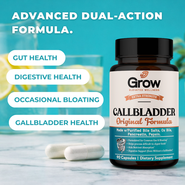 Supplement bottle labeled 'Grow' with text highlighting benefits on a blue background